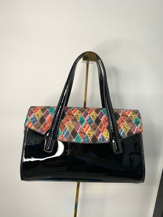 [YX]Colorful checked black leather bag