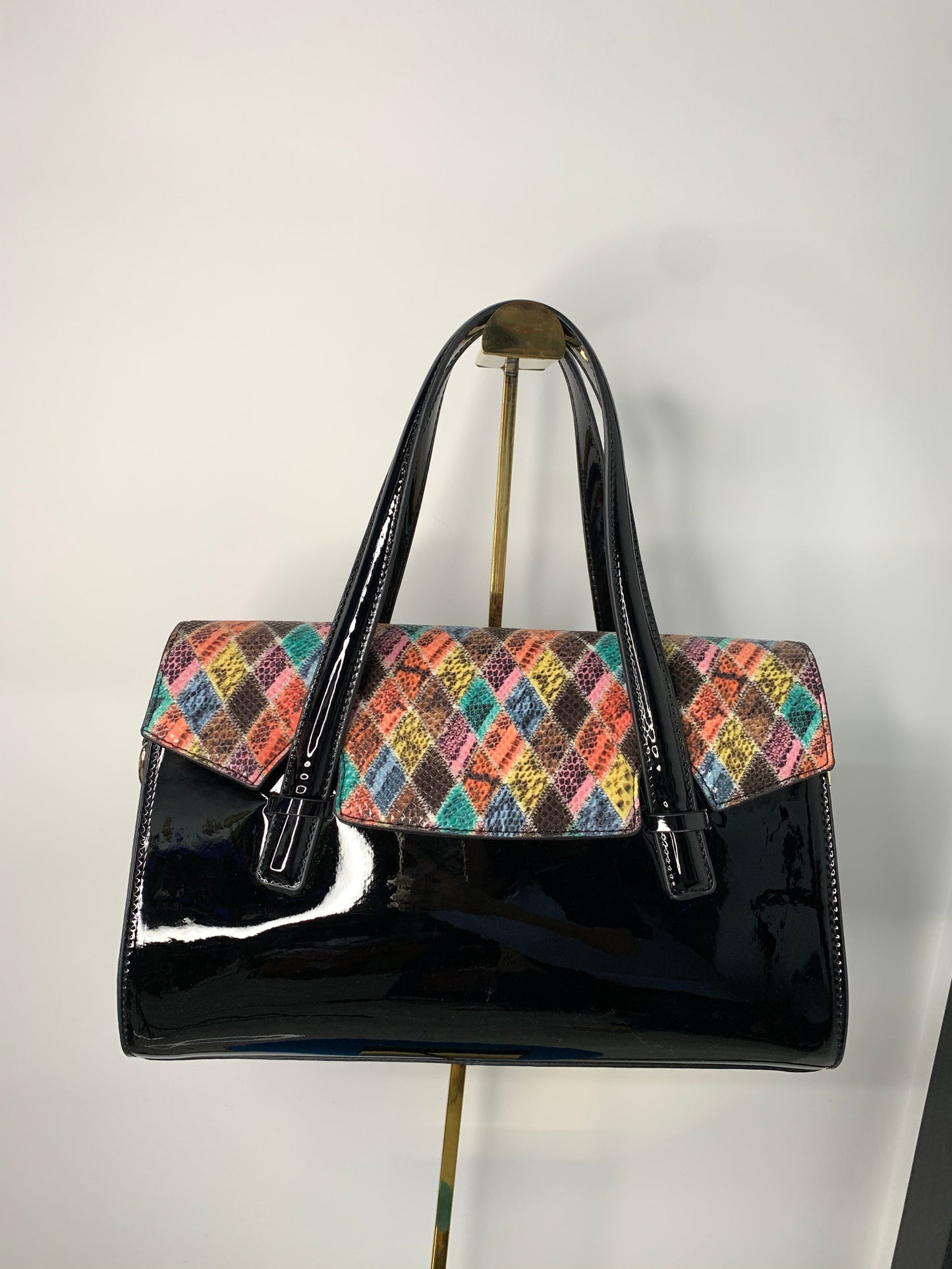 [YX]Colorful checked black leather bag-1